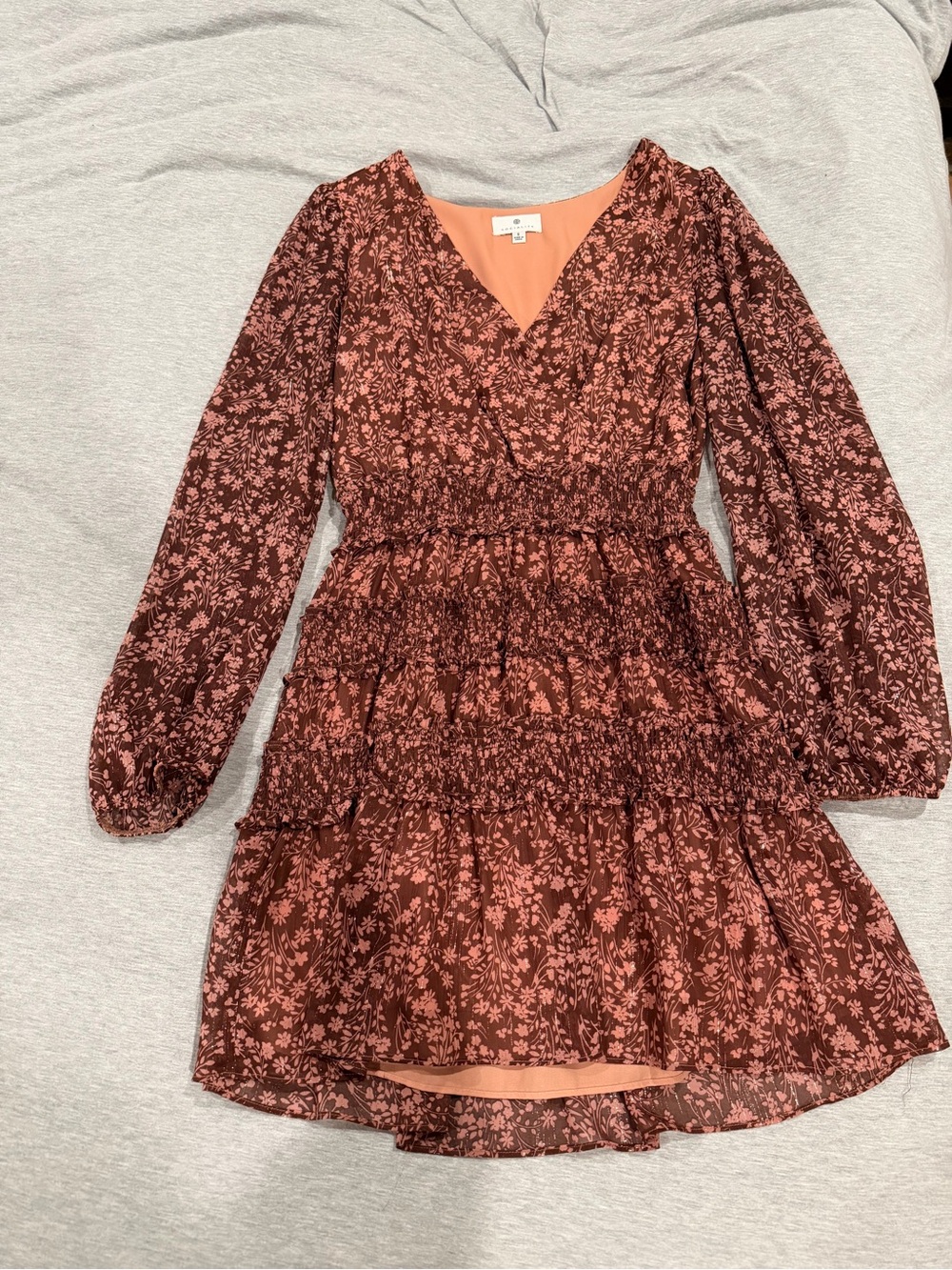 Socialite Rust-Pink Floral Tiered Long-Sleeve Dress